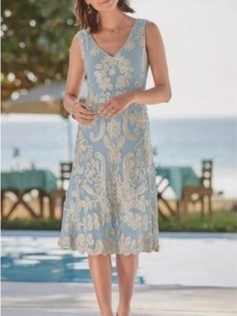 Sundance Blue Cameo Dress. Sleeveless Blue Lace-Embroidered V-Neck Dress